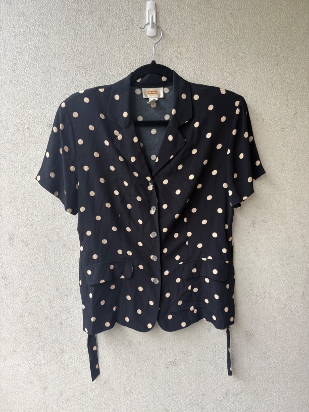Vintage Talbots Black Tan Polka Dot Tie Back Blouse Size 6